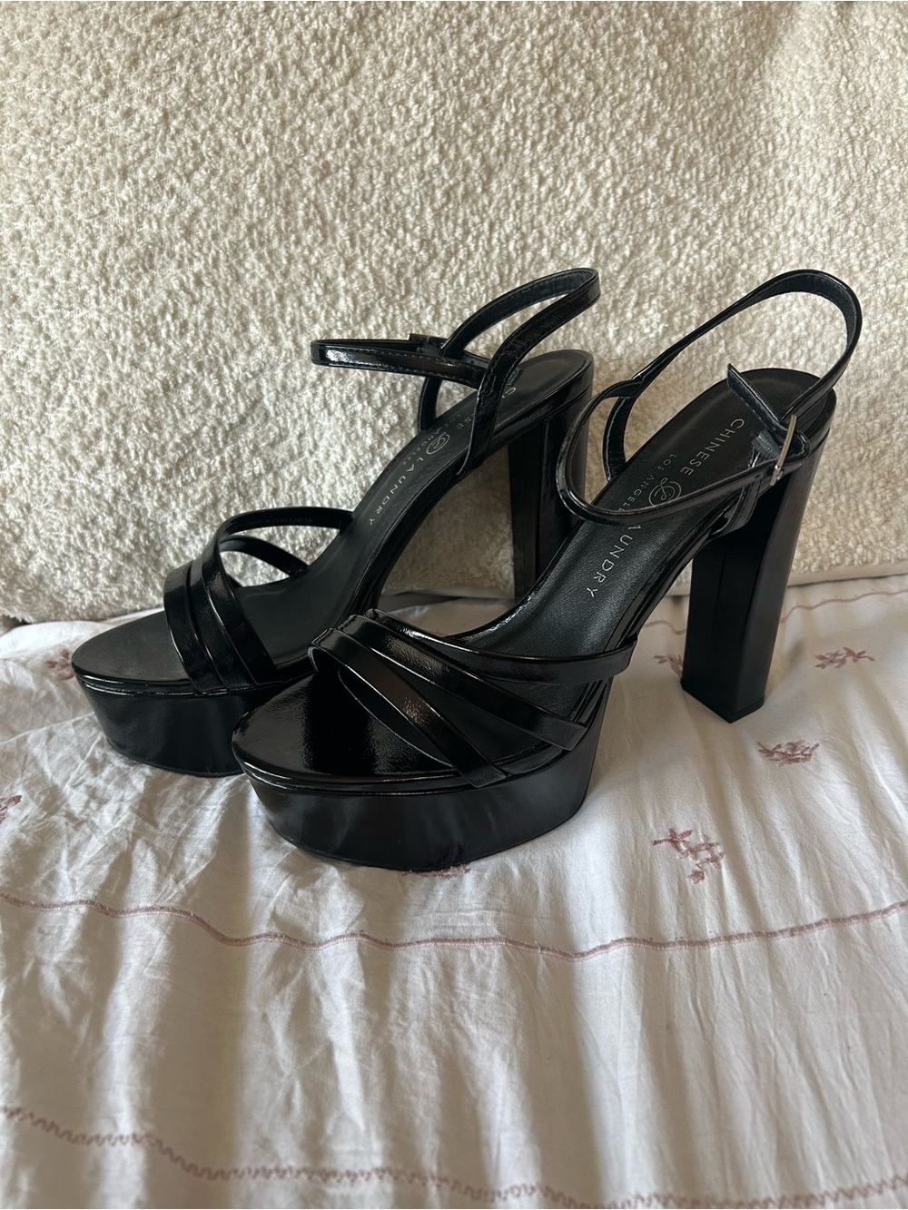 Chinese Laundry Black Patent Platform Block Heel Sandals with Strappy Slingback